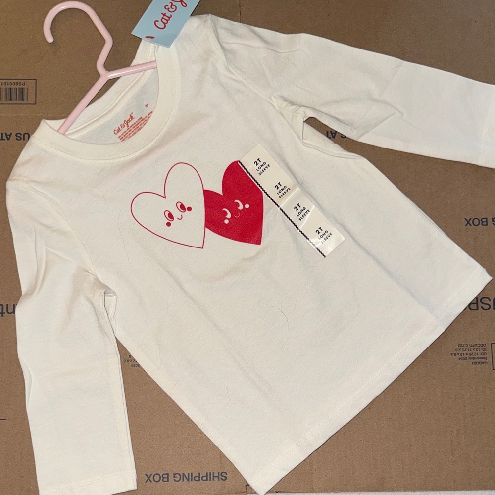 Cat & Jack White Long-Sleeve Tee with Pink and Red Heart Graphics